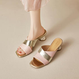 【预售5天】慵懒夏日~拼色露趾一字拖鞋女夏天配裙子方头真皮高跟凉鞋MBJR&6913