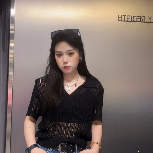 NC翻领镂空短袖毛织上衣50411夏季092202012258 商品图0