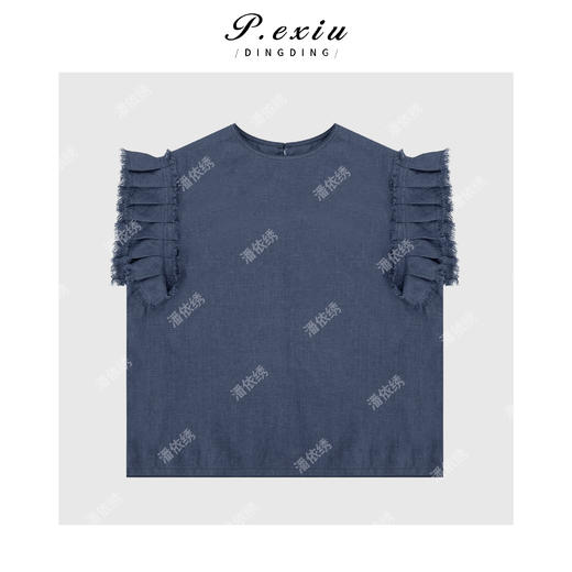 03-4潘依绣丁丁宠粉【春日圆舞曲】100%亚麻设计款压褶小飞袖圆领衬衫 W-62813 商品图1