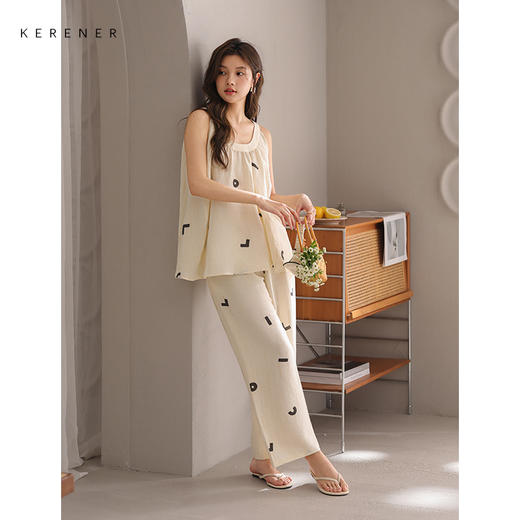 可人儿小众设计师新款泡泡绵夏女士吊带长裤睡衣可外出家居服套装 商品图1