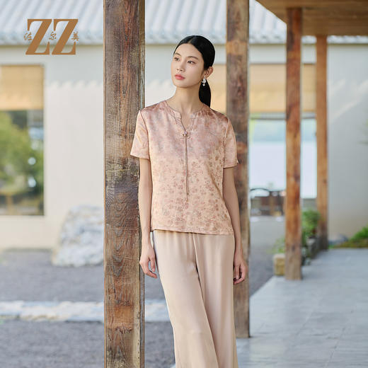 佐尔美夏季新款新中式国风桑蚕丝短袖衬衫女M52CS11 商品图1