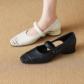 【预售5天】法式编织浅口方头粗跟单鞋女百搭舒适真皮中跟一字带镂空凉鞋HCYYHD&6153