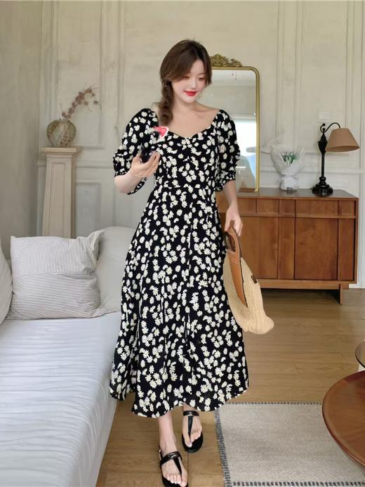 超值购【诗铭洛可】W129长款连衣裙雏菊v领短袖裙子A1-3 商品图1