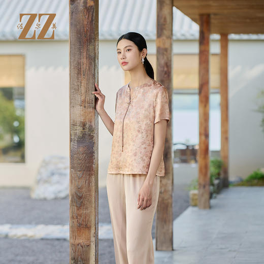 佐尔美夏季新款新中式国风桑蚕丝短袖衬衫女M52CS11 商品图0