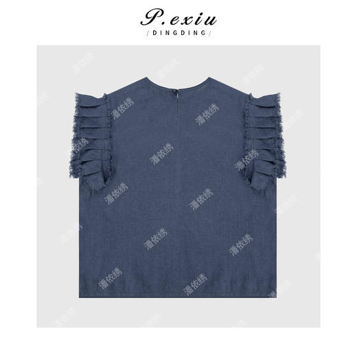 03-4潘依绣丁丁宠粉【春日圆舞曲】100%亚麻设计款压褶小飞袖圆领衬衫 W-62813 商品图2