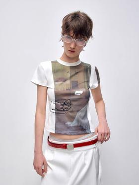 出逃赤岗西/25SST132/立体猫咪刺绣印花T恤