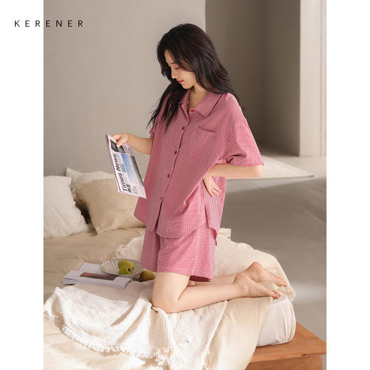 可人儿小众设计师新款泡泡绵女士睡衣夏季短袖可外出家居服套装 商品图1