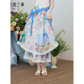 两三事蜜糕花阶2025夏季新款甜美蕾丝花边拼接双层裙摆印花半身裙