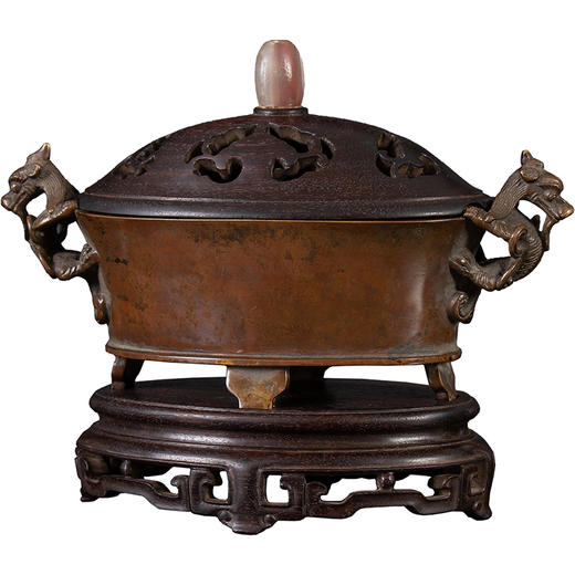 清	铜螭龙耳四足椭圆形香炉（紫檀盖座） 商品图5