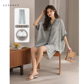 可人儿新款泡泡绵夏季女士短袖睡衣网红风带胸垫短裤家居服三件套