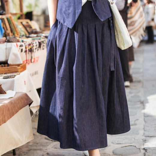 【林栖设计小店】棉混纺牛仔半身裙配蓝印花布腰带复古百搭2025夏季新品裙子女1952108 商品图0