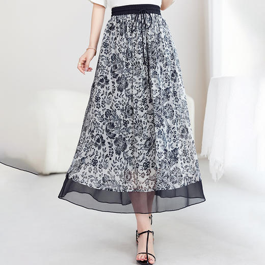 真丝乔其高腰印花中长裙，百搭桑蚕丝半身裙SM-72599992 商品图0
