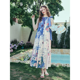 两三事 深海花沫 2025夏季新款度假风绑带领印花无袖背心裙连衣裙