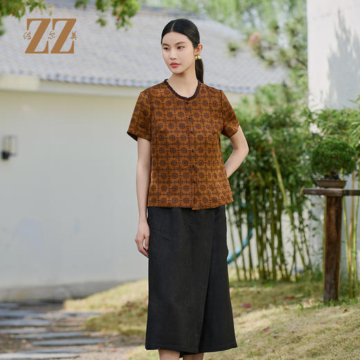佐尔美夏季新款新中式国风100%桑蚕丝短袖上衣女M52CS04 商品图2