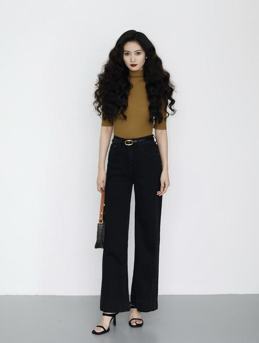 秦岚同款线条时髦立体分割线阔腿直筒显瘦牛仔裤 商品图2