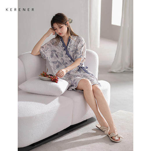 可人儿夏季泡泡绵睡衣女夏天日系和服短袖短裤可外穿家居服三件套 商品图3