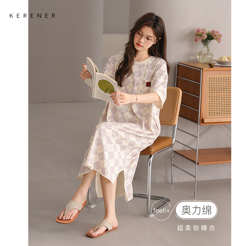 可人儿小众设计师新款奥力绵女睡衣夏季短袖少女睡裙可外穿家居服