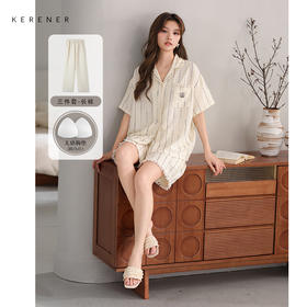 可人儿新款泡泡绵夏短袖带胸垫睡衣女网红爆款可外穿家居服三件套