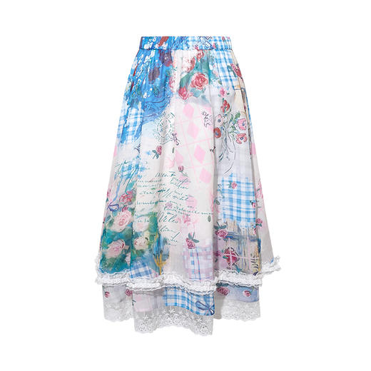 两三事蜜糕花阶2025夏季新款甜美蕾丝花边拼接双层裙摆印花半身裙 商品图4