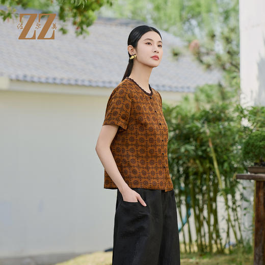 佐尔美夏季新款新中式国风100%桑蚕丝短袖上衣女M52CS04 商品图1