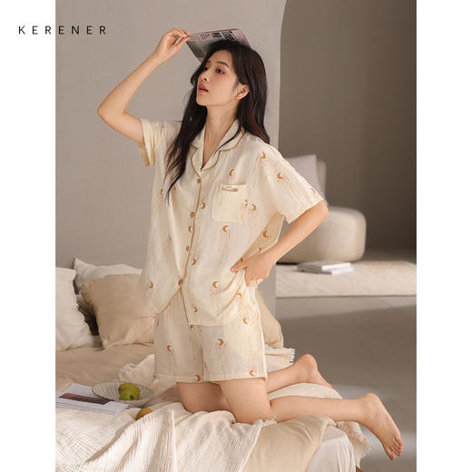 可人儿小众设计师新款泡泡绵女士睡衣夏季短袖可外出家居服套装 商品图3