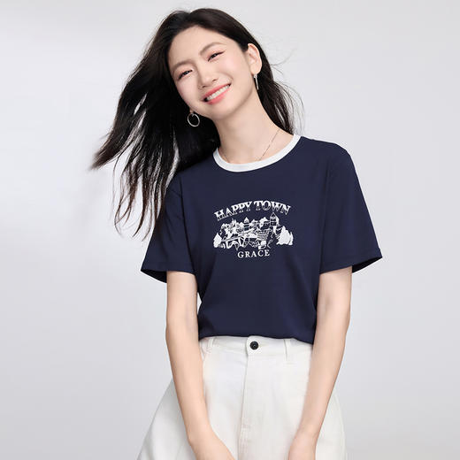 【夏日新品】熙世界2025春夏新款美式复古建筑印花T恤女短袖休闲撞色圆领上衣 商品图3