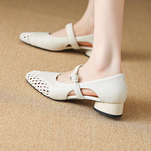 【预售5天】法式编织浅口方头粗跟单鞋女百搭舒适真皮中跟一字带镂空凉鞋HCYYHD&6153 商品图3