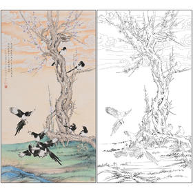 吕大卫花鸟工笔画白描底稿《梅雀图》临摹勾线高清打印稿A683