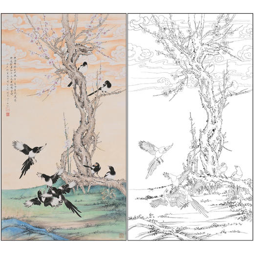 吕大卫花鸟工笔画白描底稿《梅雀图》临摹勾线高清打印稿A683 商品图0