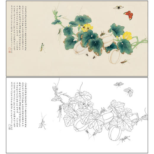 吕大卫花鸟工笔画白描底稿《瓜圃虫聚》临摹勾线高清打印稿A688 商品图0