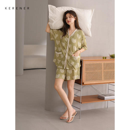可人儿小众设计师新款奥力绵女士睡衣夏季短袖可外出家居服套装 商品图1