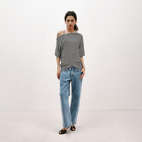 NUTH条纹斜肩宽松蝙蝠袖短袖T恤女 白色/黑白条纹