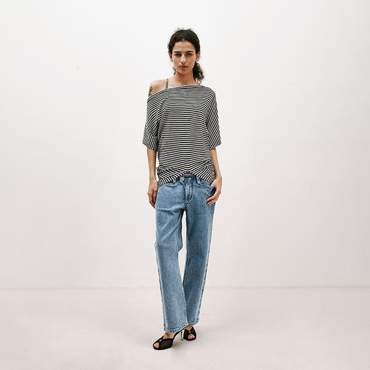 NUTH条纹斜肩宽松蝙蝠袖短袖T恤女 白色/黑白条纹 商品图0