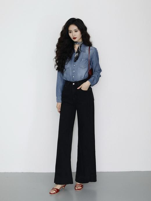 秦岚同款线条时髦立体分割线阔腿直筒显瘦牛仔裤 商品图3