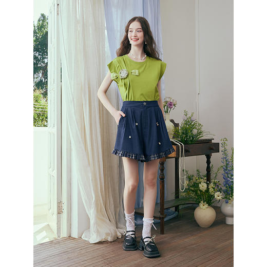 两三事 花蕾诗笺 2025夏季新款小清新立体花朵飞飞袖棉质t恤女 商品图1