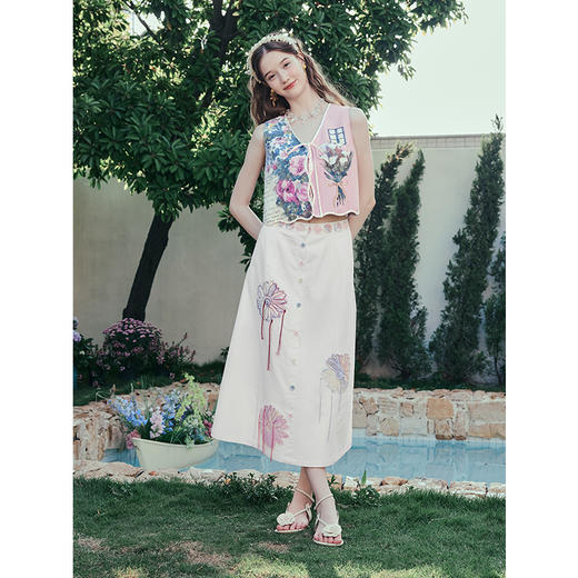 两三事梵高文艺半糖雏菊2025夏季新款流苏绣花彩色纽扣A字半身裙 商品图1