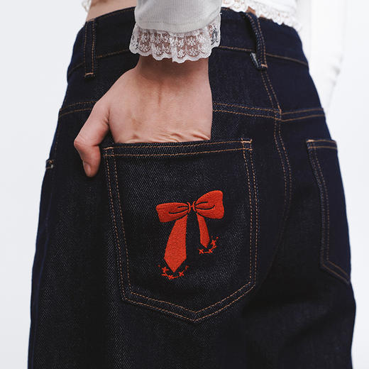 HERLIAN 2025年春季新品绣蝴蝶结宽松阔腿牛仔裤 商品图2