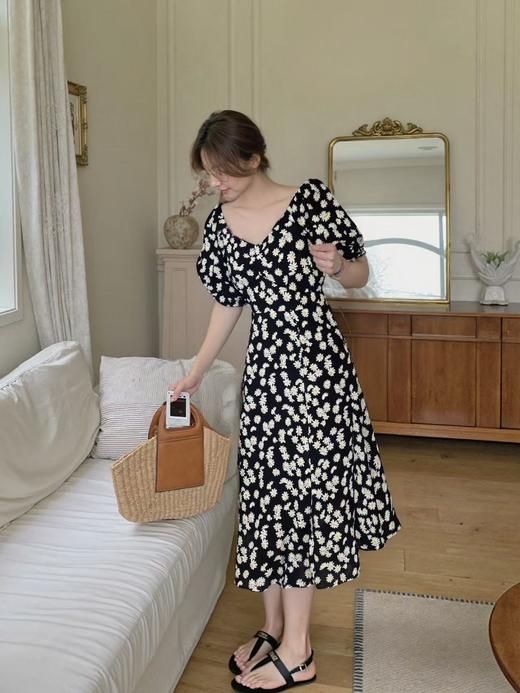 超值购【诗铭洛可】W129长款连衣裙雏菊v领短袖裙子A1-3 商品图0