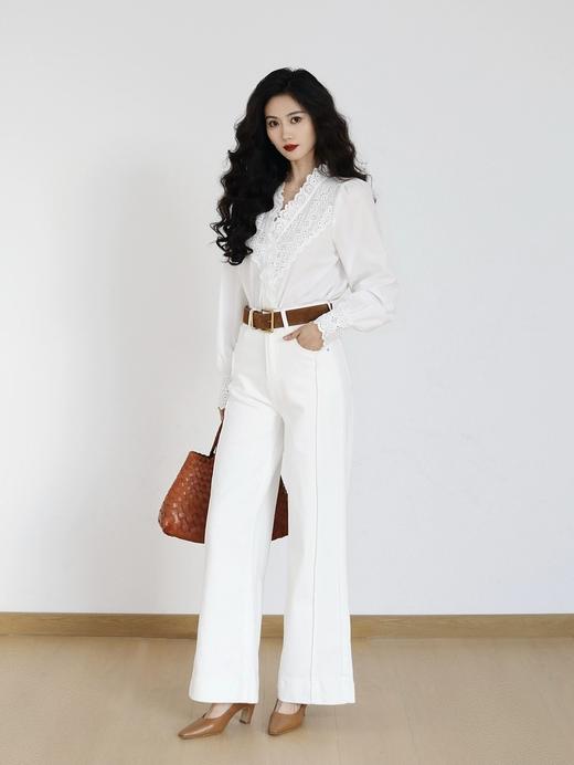 秦岚同款线条时髦立体分割线阔腿直筒显瘦牛仔裤 商品图6