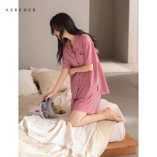可人儿小众设计师新款泡泡绵女士睡衣夏季短袖可外出家居服套装 商品图2