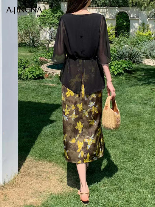 【特价不退换】阿菁娜法式轻熟风优雅裁剪印花套装连衣裙F30X230005 商品图4