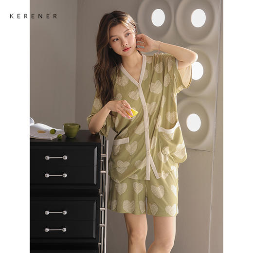 可人儿小众设计师新款奥力绵女士睡衣夏季短袖可外出家居服套装 商品图3