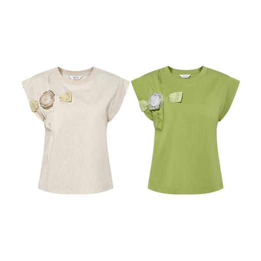 两三事 花蕾诗笺 2025夏季新款小清新立体花朵飞飞袖棉质t恤女 商品图4