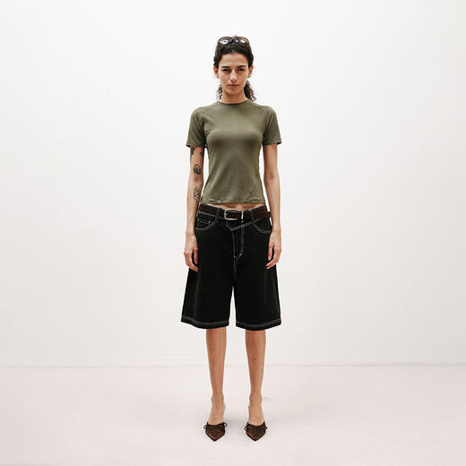 NUTH经典修身正肩短袖圆领弹力t恤女 花灰色/军绿色 商品图1