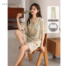 可人儿小众设计新款泡泡绵女士睡衣夏季带胸垫可外出家居服三件套