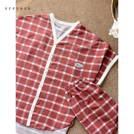 可人儿小众设计师新款泡泡绵女士睡衣夏季短袖可外出家居服三件套 商品图1