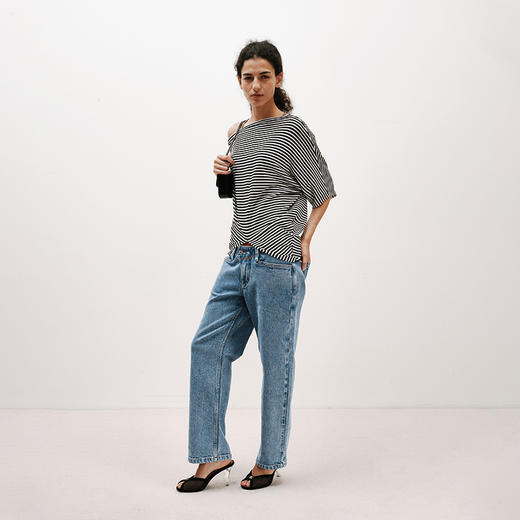 NUTH条纹斜肩宽松蝙蝠袖短袖T恤女 白色/黑白条纹 商品图1