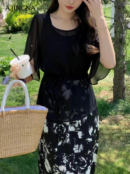 【特价不退换】阿菁娜法式轻熟风优雅裁剪印花套装连衣裙F30X230005 商品图3