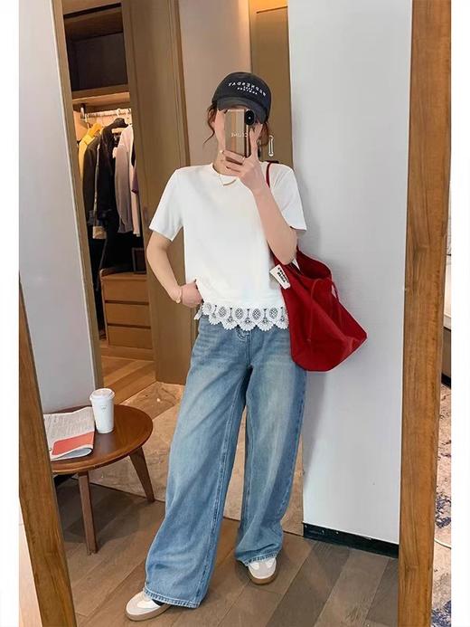 白色圆领短袖蕾丝花边拼接T恤女款！2025夏季新款宽松上衣新款！ 商品图1