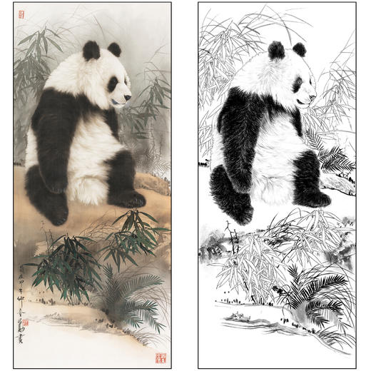 王申勇花鸟工笔画白描底稿《熊猫国宝》临摹勾线高清打印稿A677 商品图0